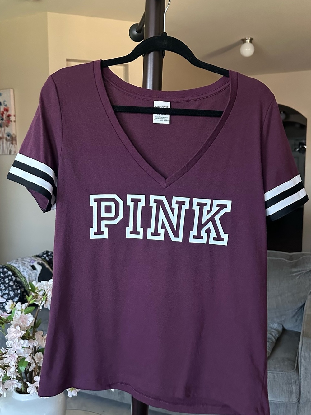 PINK Victoria's Secret Short-Sleeve V-Neck Tee in Plum with White Logo